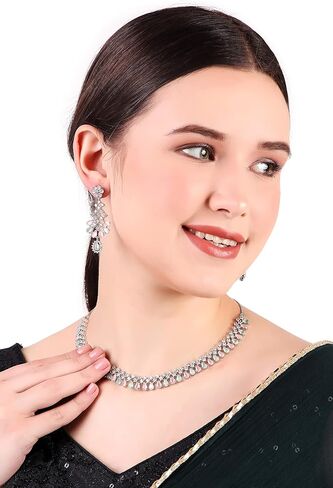 Bridal Jewelry Set Wedding, Necklace Dangle Earrings Set, Silver Plated Jewelry Set with Pink And White Crystal, Allergy Free Wedding Party Jewelry for Bridal Bridesmaid in Saudi Arabia
