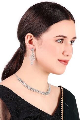 Bridal Jewelry Set Wedding, Necklace Dangle Earrings Set, Silver Plated Jewelry Set with Pink And White Crystal, Allergy Free Wedding Party Jewelry for Bridal Bridesmaid in Saudi Arabia