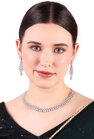 Bridal Jewelry Set Wedding, Necklace Dangle Earrings Set, Silver Plated Jewelry Set with Pink And White Crystal, Allergy Free Wedding Party Jewelry for Bridal Bridesmaid in Saudi Arabia