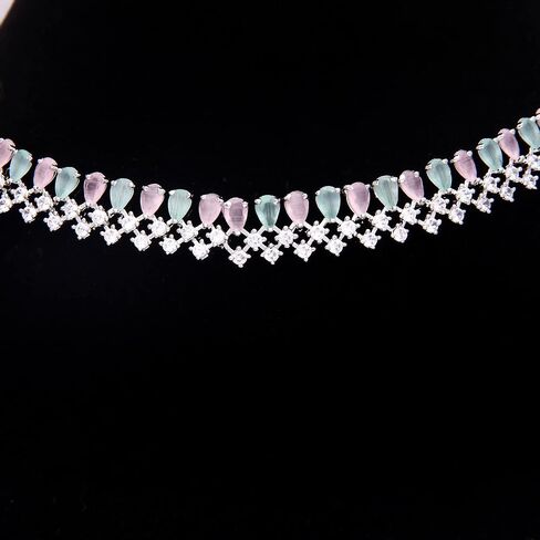 Bridal Jewelry Set Wedding, Necklace Dangle Earrings Set, Silver Plated Jewelry Set with Pink And White Crystal, Allergy Free Wedding Party Jewelry for Bridal Bridesmaid in Saudi Arabia