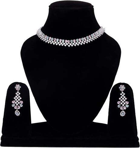 Bridal Jewelry Set Wedding, Necklace Dangle Earrings Set, Silver Plated Jewelry Set with Pink And White Crystal, Allergy Free Wedding Party Jewelry for Bridal Bridesmaid in Saudi Arabia
