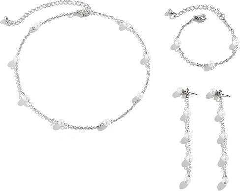 Pearl Necklace and Earring Set Pearl Choker Necklace for Women Dainty Bracelet Pearl Dangling Earrings Pearl Wedding Jewelry Sets for Brides in Saudi Arabia