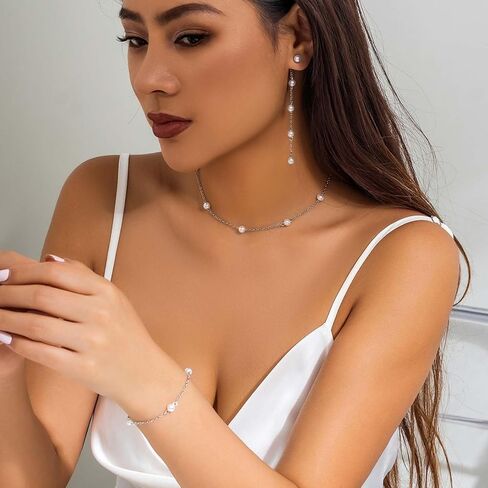 Pearl Necklace and Earring Set Pearl Choker Necklace for Women Dainty Bracelet Pearl Dangling Earrings Pearl Wedding Jewelry Sets for Brides in Saudi Arabia