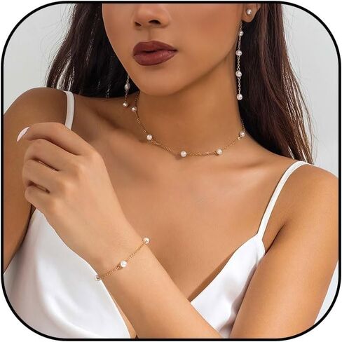 Pearl Necklace and Earring Set Pearl Choker Necklace for Women Dainty Bracelet Pearl Dangling Earrings Pearl Wedding Jewelry Sets for Brides in Saudi Arabia