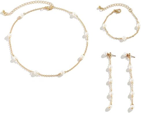 Pearl Necklace and Earring Set Pearl Choker Necklace for Women Dainty Bracelet Pearl Dangling Earrings Pearl Wedding Jewelry Sets for Brides in Saudi Arabia