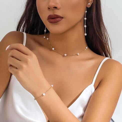 Pearl Necklace and Earring Set Pearl Choker Necklace for Women Dainty Bracelet Pearl Dangling Earrings Pearl Wedding Jewelry Sets for Brides in Saudi Arabia