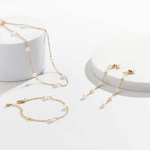 Pearl Necklace and Earring Set Pearl Choker Necklace for Women Dainty Bracelet Pearl Dangling Earrings Pearl Wedding Jewelry Sets for Brides in Saudi Arabia
