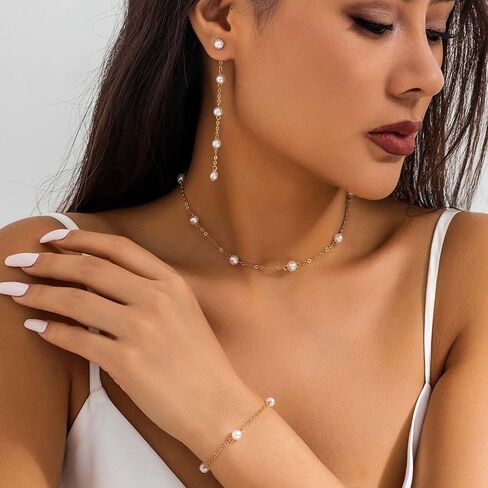 Pearl Necklace and Earring Set Pearl Choker Necklace for Women Dainty Bracelet Pearl Dangling Earrings Pearl Wedding Jewelry Sets for Brides in Saudi Arabia