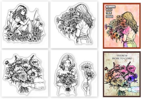 GLOBLELAND 4Pcs Mini Flower Lady Clear Stamps for DIY Scrapbooking Flower Bouquet Silicone Stamp Seals Transparent Stamps for Cards Making Photo Album Journal Home Decoration 2.2x2.2inch in Saudi Arabia