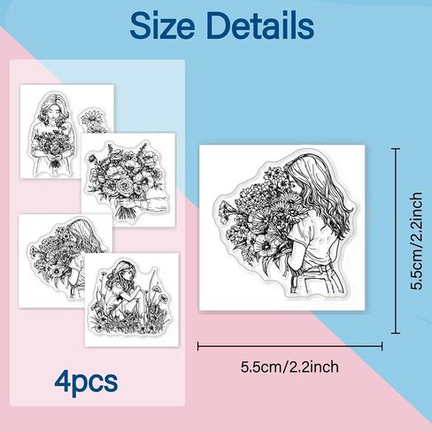 GLOBLELAND 4Pcs Mini Flower Lady Clear Stamps for DIY Scrapbooking Flower Bouquet Silicone Stamp Seals Transparent Stamps for Cards Making Photo Album Journal Home Decoration 2.2x2.2inch in Saudi Arabia