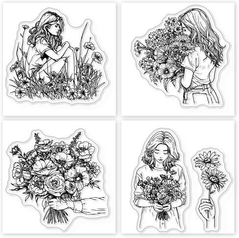 GLOBLELAND 4Pcs Mini Flower Lady Clear Stamps for DIY Scrapbooking Flower Bouquet Silicone Stamp Seals Transparent Stamps for Cards Making Photo Album Journal Home Decoration 2.2x2.2inch in Saudi Arabia