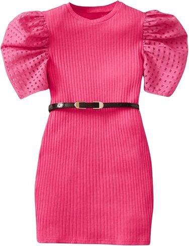 OYOANGLE Girl's Ruched Puff Short Sleeve Pencil Dress Round Neck Ribbed Knit Short Dresses in Saudi Arabia