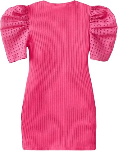 OYOANGLE Girl's Ruched Puff Short Sleeve Pencil Dress Round Neck Ribbed Knit Short Dresses in Saudi Arabia