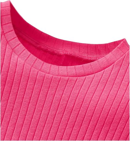 OYOANGLE Girl's Ruched Puff Short Sleeve Pencil Dress Round Neck Ribbed Knit Short Dresses in Saudi Arabia