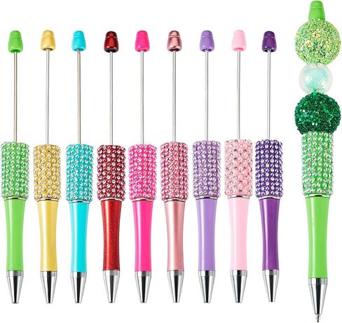 Beadthoven 10pcs Diamond Beadable Pens, Bling Rhinestone Beaded Pens DIY Plastic Bead Pen Crystal Shaft Black Ink Ballpoint Pens for DIY Pens Decorations Supplies Gift Office School - Silver in Saudi Arabia