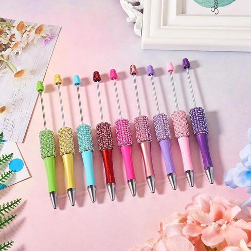 Beadthoven 10pcs Diamond Beadable Pens, Bling Rhinestone Beaded Pens DIY Plastic Bead Pen Crystal Shaft Black Ink Ballpoint Pens for DIY Pens Decorations Supplies Gift Office School - Silver in Saudi Arabia