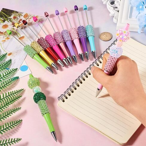 Beadthoven 10pcs Diamond Beadable Pens, Bling Rhinestone Beaded Pens DIY Plastic Bead Pen Crystal Shaft Black Ink Ballpoint Pens for DIY Pens Decorations Supplies Gift Office School - Silver in Saudi Arabia
