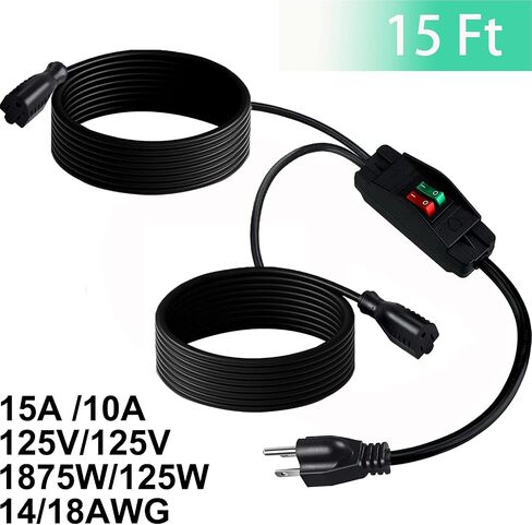 2 Way Extension Cord with On/Off Switch 3 Prong Outdoor Extension Cord Splitter, Heavy Duty Extension Cord with SJTW 14AWG 15A/125V and 18AWG 10A/125V(1.6 Ft, Black) in Saudi Arabia