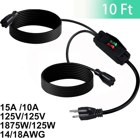 2 Way Extension Cord with On/Off Switch 3 Prong Outdoor Extension Cord Splitter, Heavy Duty Extension Cord with SJTW 14AWG 15A/125V and 18AWG 10A/125V(1.6 Ft, Black) in Saudi Arabia