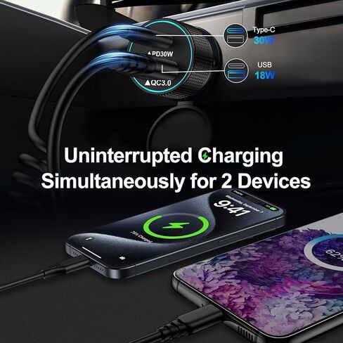 شاحن سيارة سامسونج USB C لهاتف Samsung Galaxy A55/A54/A15/C55/S24 Ultra/S23 FE/S22/S21، شاحن ولاعة سجائر سريع 48 وات لهاتف iPhone 15 مع كابل ملفوف من النوع C بطول 6 أقدام لهاتف iPhone 15 Pro Max، iPad Pro in Kuwait