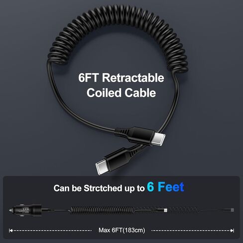 شاحن سيارة سامسونج USB C لهاتف Samsung Galaxy A55/A54/A15/C55/S24 Ultra/S23 FE/S22/S21، شاحن ولاعة سجائر سريع 48 وات لهاتف iPhone 15 مع كابل ملفوف من النوع C بطول 6 أقدام لهاتف iPhone 15 Pro Max، iPad Pro in Kuwait