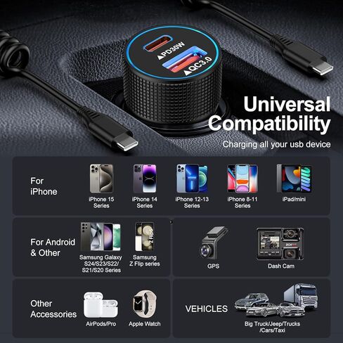شاحن سيارة سامسونج USB C لهاتف Samsung Galaxy A55/A54/A15/C55/S24 Ultra/S23 FE/S22/S21، شاحن ولاعة سجائر سريع 48 وات لهاتف iPhone 15 مع كابل ملفوف من النوع C بطول 6 أقدام لهاتف iPhone 15 Pro Max، iPad Pro in Kuwait