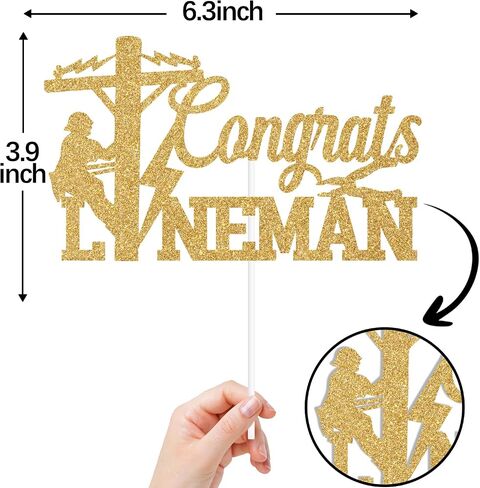 قطعة علوية للكيك من Gold Glitter Congrats Lineman، تهنئة كهربائي/فئة 2024، 2024 لوازم زينة حفلات التخرج للكهربائيين Lineman in Kuwait