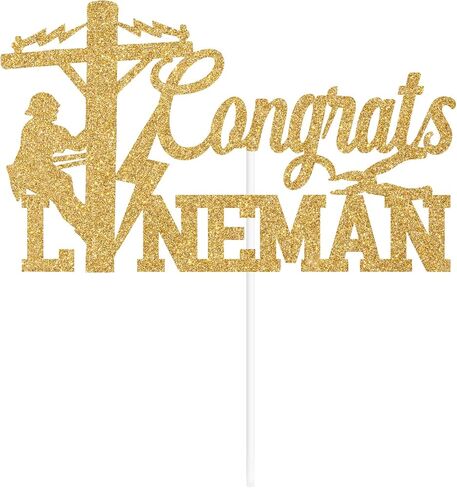 قطعة علوية للكيك من Gold Glitter Congrats Lineman، تهنئة كهربائي/فئة 2024، 2024 لوازم زينة حفلات التخرج للكهربائيين Lineman in Kuwait