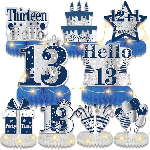 13th Birthday Decorations for Boys - 9PCS Blue Silver 13th Birthday Honeycomb Centerpiece with String Lights Glittery Happy 13th Birthday Table Decor Supplies Cheers to 13 Years Old Decoration in Saudi Arabia