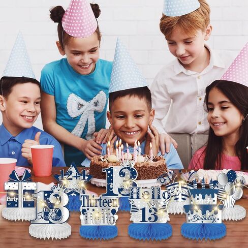13th Birthday Decorations for Boys - 9PCS Blue Silver 13th Birthday Honeycomb Centerpiece with String Lights Glittery Happy 13th Birthday Table Decor Supplies Cheers to 13 Years Old Decoration in Saudi Arabia