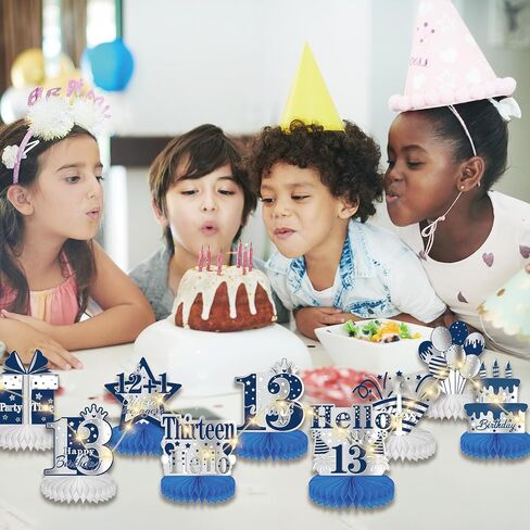 13th Birthday Decorations for Boys - 9PCS Blue Silver 13th Birthday Honeycomb Centerpiece with String Lights Glittery Happy 13th Birthday Table Decor Supplies Cheers to 13 Years Old Decoration in Saudi Arabia