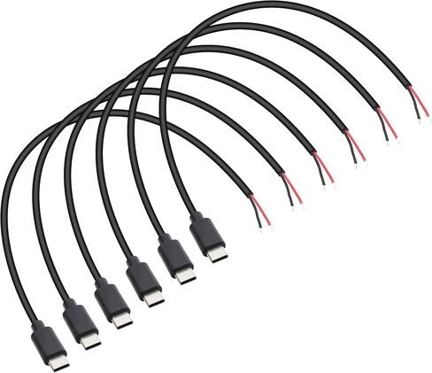 USB C Power Pigtail Cable 1FT 24AWG 5V 3A USB Type-C Female Plug to 2 Pin Bare Wire Open End Power Pigtail Cord DIY, Black (6 Pcs) in Saudi Arabia