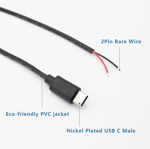 USB C Power Pigtail Cable 1FT 24AWG 5V 3A USB Type-C Female Plug to 2 Pin Bare Wire Open End Power Pigtail Cord DIY, Black (6 Pcs) in Saudi Arabia