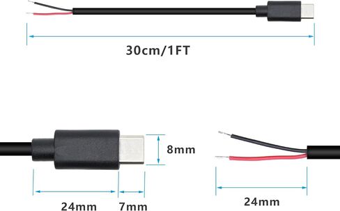 USB C Power Pigtail Cable 1FT 24AWG 5V 3A USB Type-C Female Plug to 2 Pin Bare Wire Open End Power Pigtail Cord DIY, Black (6 Pcs) in Saudi Arabia