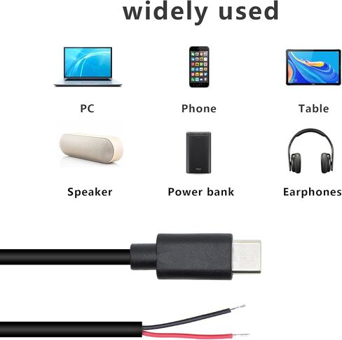 USB C Power Pigtail Cable 1FT 24AWG 5V 3A USB Type-C Female Plug to 2 Pin Bare Wire Open End Power Pigtail Cord DIY, Black (6 Pcs) in Saudi Arabia