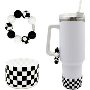 Checkered Silicone Boot Black White Tumbler Cover Check Print Water Bottle Accessories for 30oz&40oz Stanley Tumblers Handle Charms