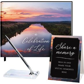 Elegant River Hardcover Funeral Guest Book with Ribbon Divider, Funeral Guest Book for Memorial Service with Table Sign, Memorial Guest Book with Pen and Holder, Celebration of Life Funeral Book