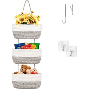 AivaToba سلة معلقة فوق الباب، منظم تخزين من الحبال القطنية المعلقة على الحائط بثلاثة طبقات، سلة تخزين مزخرفة لغرفة المعيشة (بني) in Kuwait