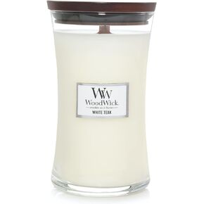 WoodWick Large Hourglass Candle in White Teak, Premium Soy Blend Wax with Crackling Pluswick Innovation Wood Wick