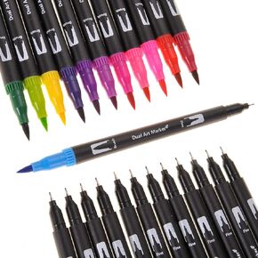 PowerTRC Dual Brush Markers For Coloring, Journals, Drawing, And Note Taking | Fine Point Markers And Pen Combo For School Or Office | Pack Of 24 Different Colored Markers