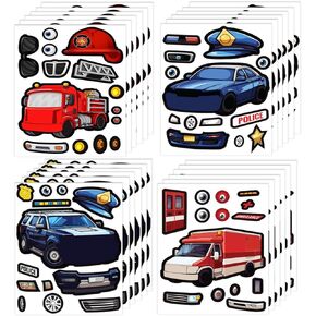 24 Make A Rescue Vehicle Stickers for Kids - Create Your Own Police Car & SUV, Fire Engine Truck, & Ambulance - Easy to Use, No Mess Sticker Sheets - Great Party Favor & Rainy Day Activity