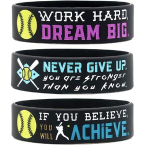 (6-Pack) Motivational Softball Wristbands with Sports Quotes - Softball Gifts Jewelry Accessories for Softball Players Team Awards Party Favors - Unisex for Men Women