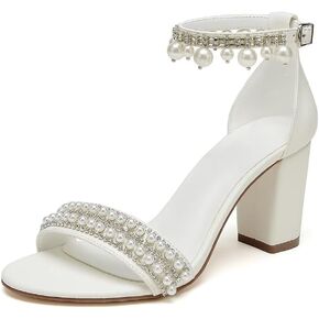 Wedding Shoes for Bride Block Heel Pearl Bridal Heels Wedding Heeled Sandals