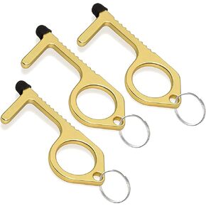 Brass Door Opener Keychain Tool (Pack of 3) - Touchless Key for Opening Handles - Hook Button Pusher, Stylus & Key Ring - Handy Utility Tool for Safety and Hygiene - by Mobi Lock