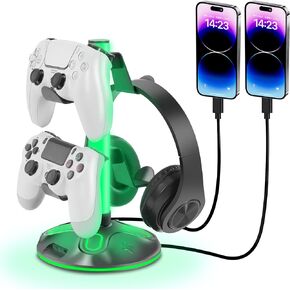 RGB Headphone Stand for Desk,Innovative Headset Stand with 9 Light Modes - Controller Holder with USB Charging and Type-c Port,Controller Stand for Gamepad Earphone Accessories(Black)
