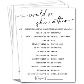 Wedding Shower Games Cards, Would She Rather Bridal Shower Game for 25 Guests, Engagement Party Wedding Games for Guests, Minimalist White Wedding Party Supplies - A11
