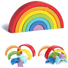 Wooden Rainbow, Stacking Learning Toy for Kids Toddlers Baby, 7 Pieces Bright Colors Rainbow, Building Blocks Game. Rainbow Arch Puzzle Tunnel.