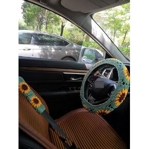 Crochet Steering Wheel Cover,Sunflower Crochet Steering Wheel Cover,Car Steering (Steering Wheel Cover+2 Belt Cover) in Saudi Arabia