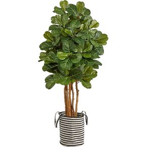 Nearly Natural 5ft. Fiddle Leaf Fig Artificial Tree in Handmade Black and White Natural Jute and Cotton Planter