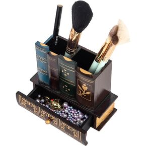 VERGOODR Decorative Pencil and Pen Holder with Storage Drawer, Wooden Desk Organizer Caddy, Antique Library Books Design Pen Cup for Office Supplies, Countertop, Desk,Table (Reddish brown)